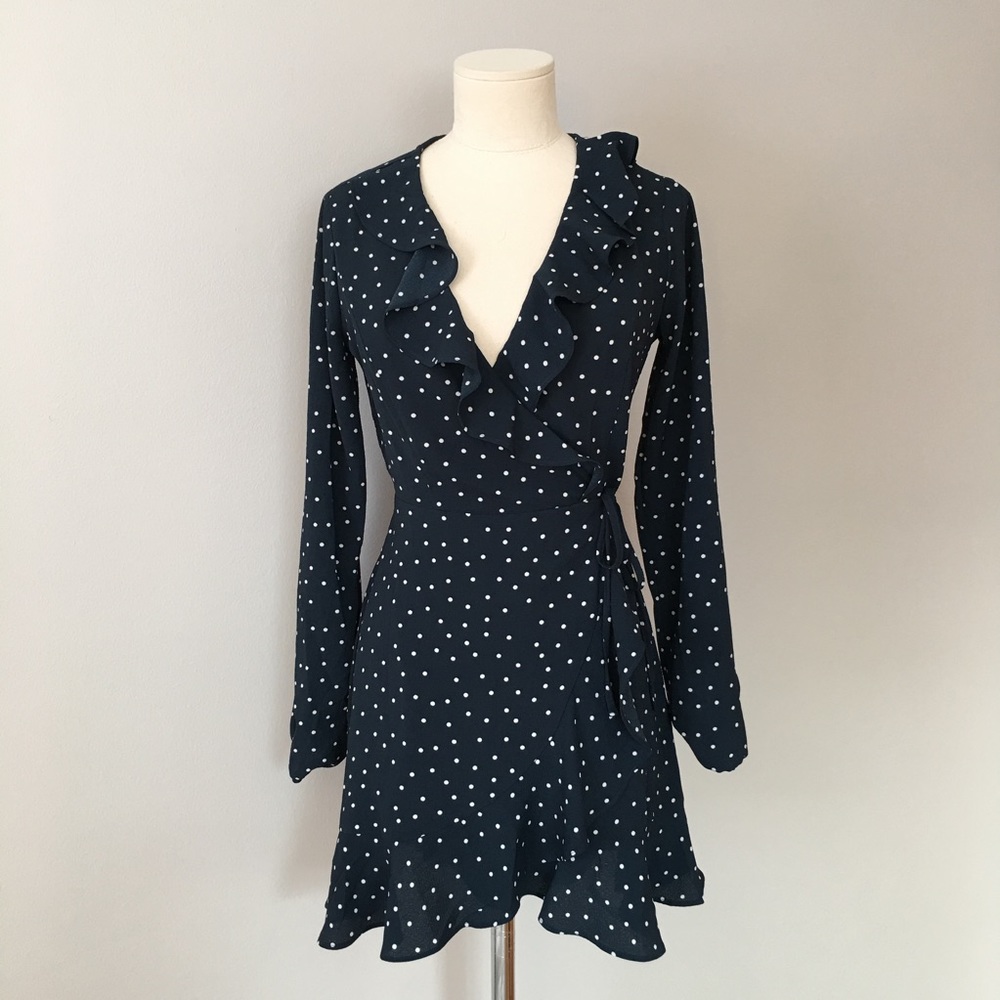 Navy Blue Polka Dot Wrap Dress